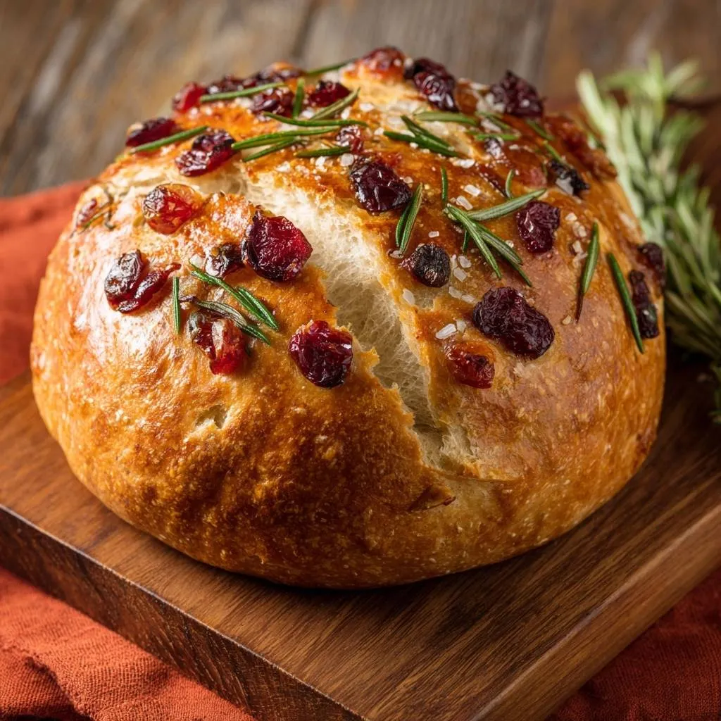 Cranberry rosemary sea salt bread recipe, showing a close-up of the top crust with dried cranberries and rosemary sprigs.