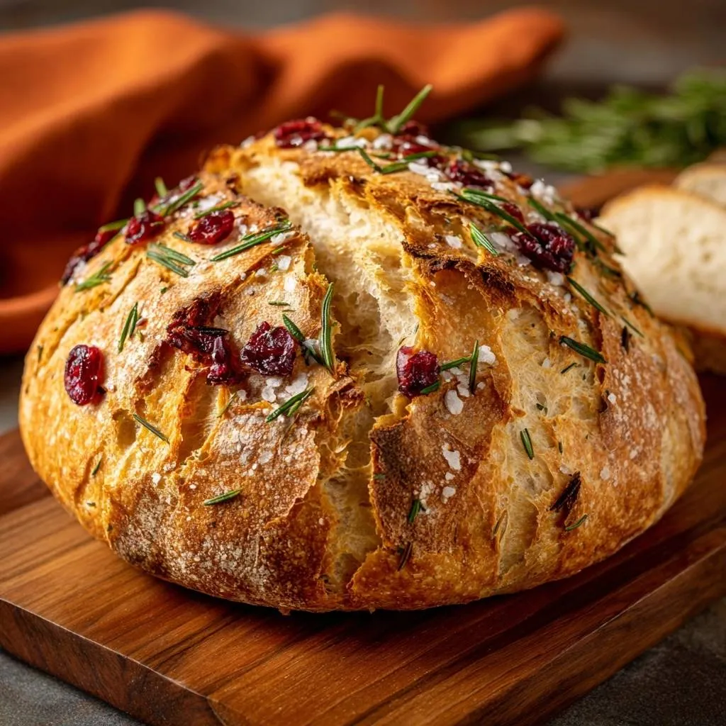 Cranberry rosemary sea salt bread recipe shown as a whole loaf, generously garnished with cranberries, rosemary, and coarse sea salt.