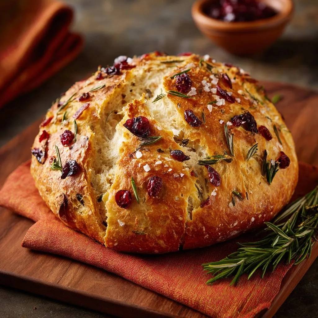 Cranberry rosemary sea salt bread featuring a close-up view of dried cranberries and fresh rosemary on its golden crust.