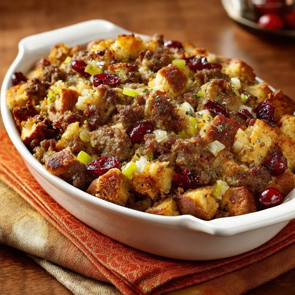Cranberry sausage cornbread stuffing shown in a white baking dish with a close-up view of the texture and ingredients.