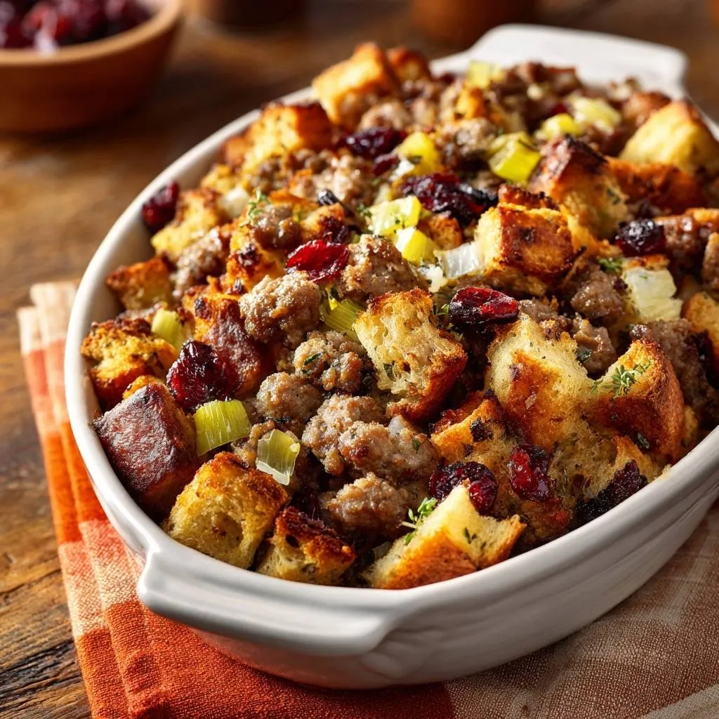 Cranberry sausage cornbread stuffing baked in a white casserole dish, a close-up view.