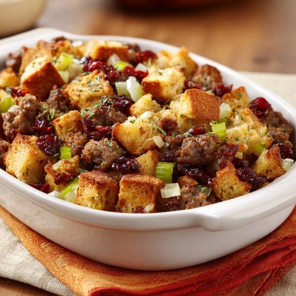 Cranberry sausage stuffing, a close-up view of the flavorful bread, sausage, and cranberry mixture in a white baking dish.