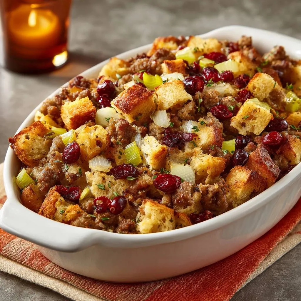Cranberry sausage stuffing moist and flavorful every time, served in a white baking dish with a close-up side view.
