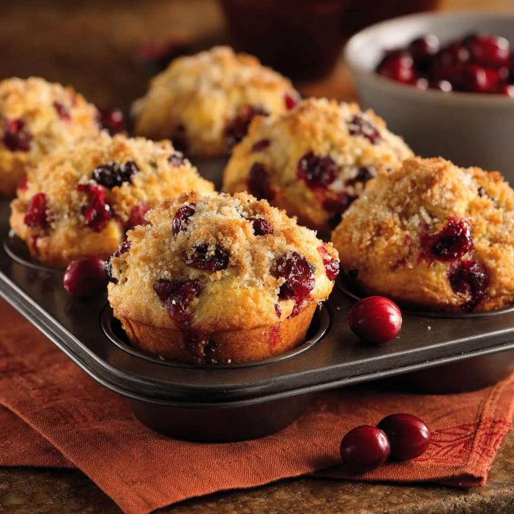 Cranberry streusel muffins with no-sink berries, shown in a close-up view within a muffin tin.