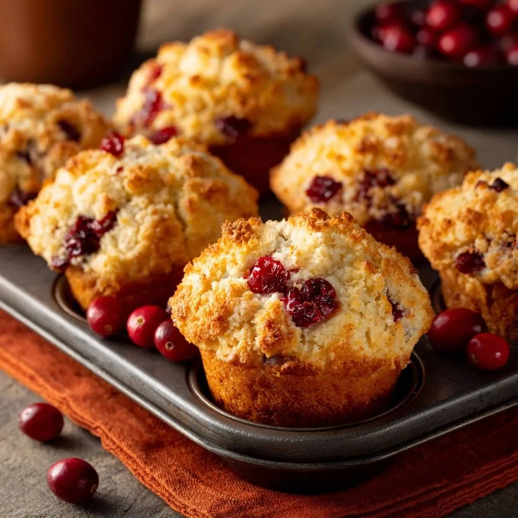 Cranberry streusel muffins with no-sink berries, freshly baked in a muffin pan with cranberries scattered around.