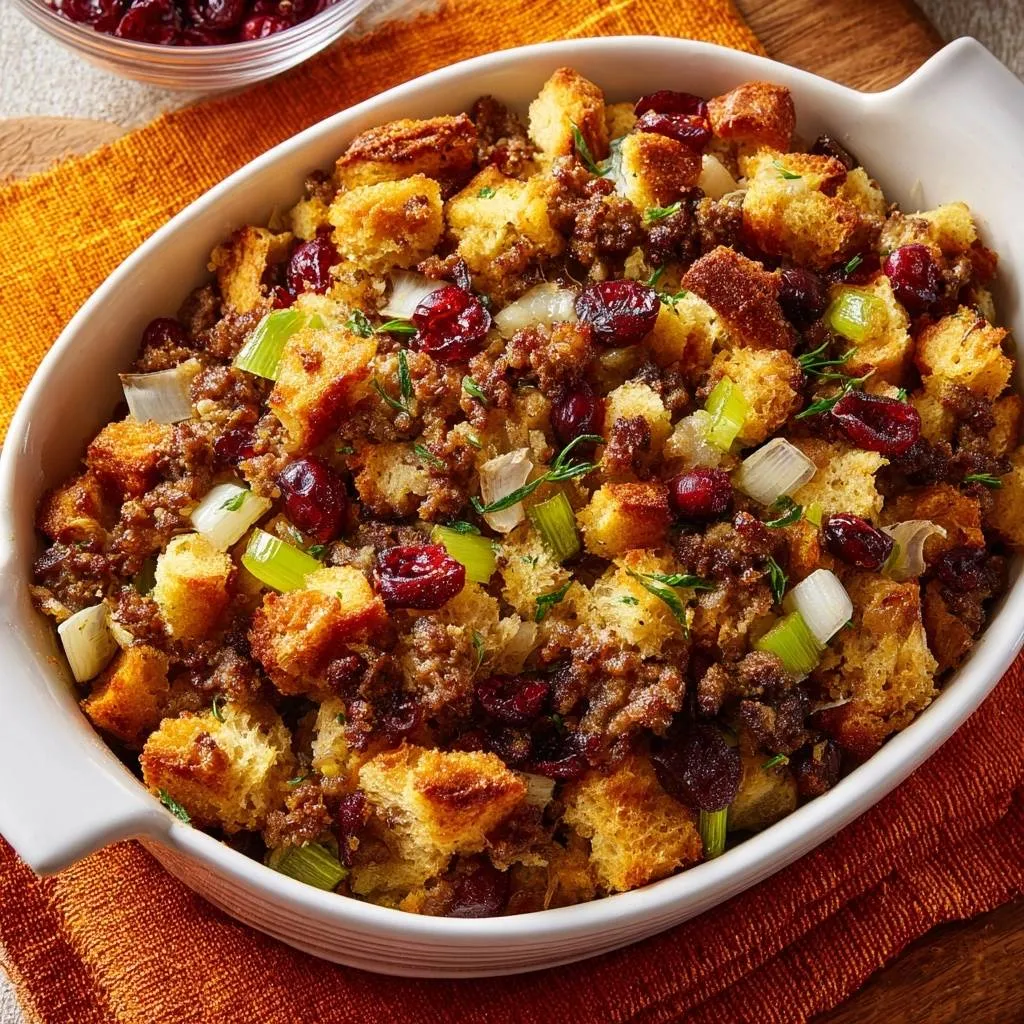 Cranberry turkey sausage stuffing recipe shown close-up in a white baking dish, featuring bread cubes, cranberries, and celery.