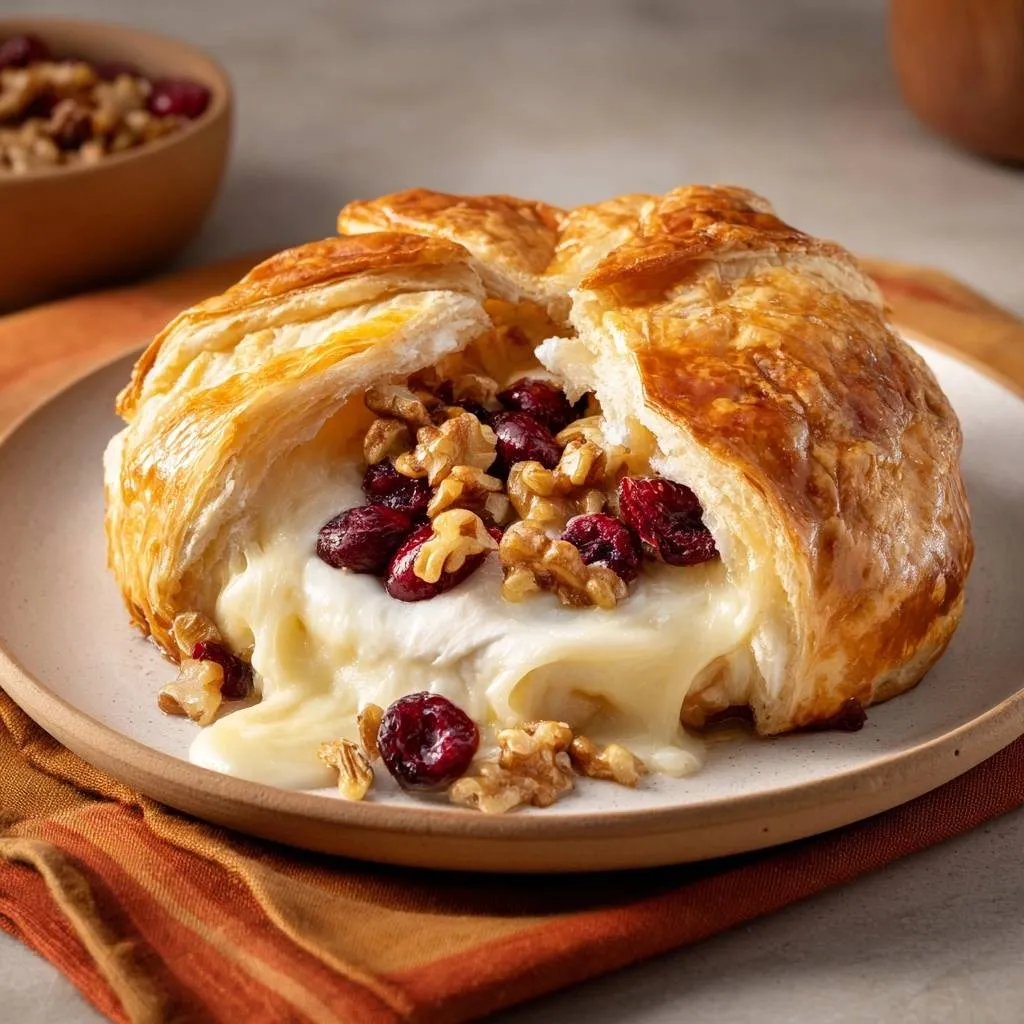 Cranberry walnut baked brie with a gooey, melted interior and golden-brown pastry.