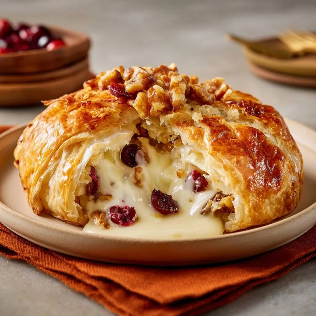 Cranberry Walnut Baked Brie with a gooey, melted cheese interior and golden puff pastry.