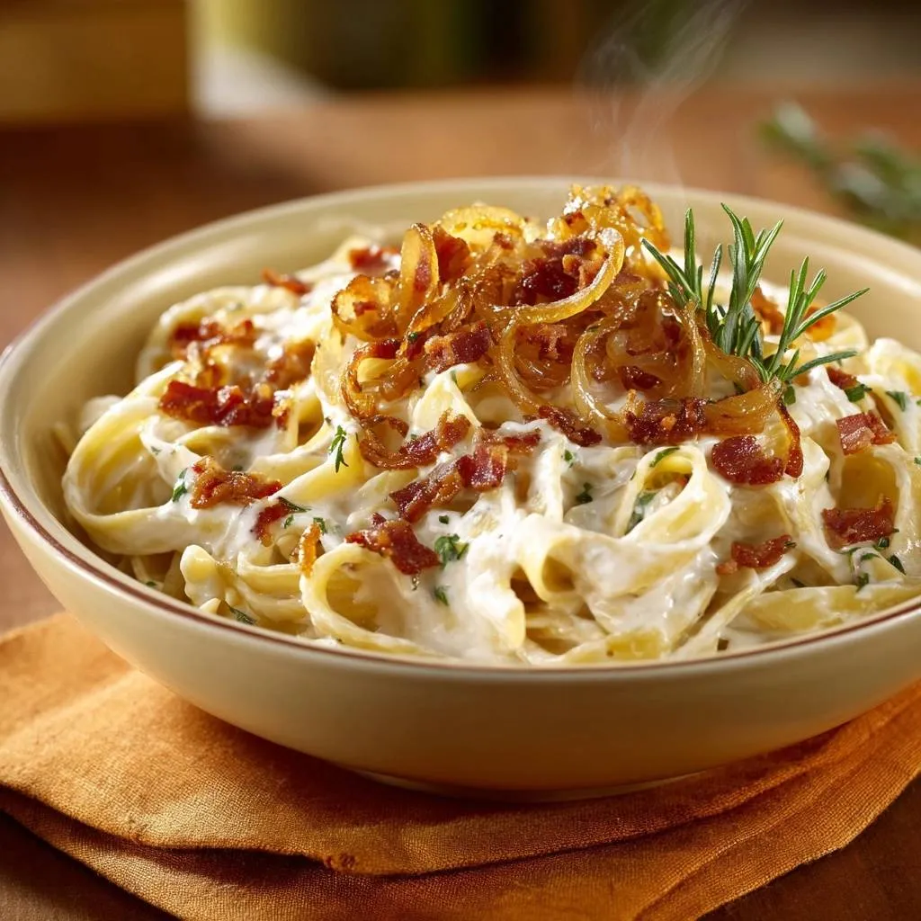 Creamy bacon fettuccine with a generous topping of crispy fried onions and a sprig of rosemary.
