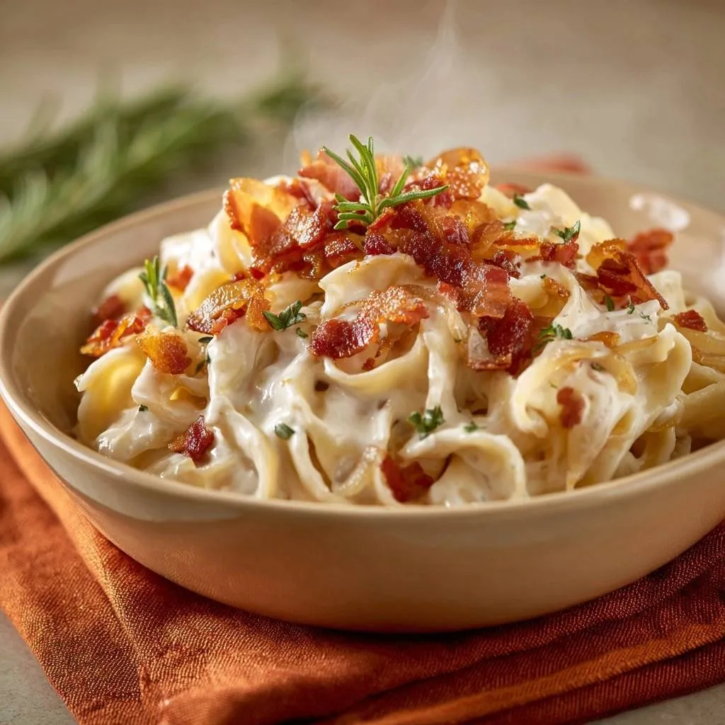 Creamy bacon fettuccine with crispy onions steaming in a rustic bowl, garnished with rosemary.