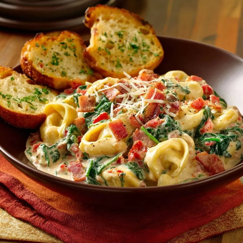 Creamy bacon spinach tortellini with clingy sauce served in a bowl with garlic bread, a close-up view.