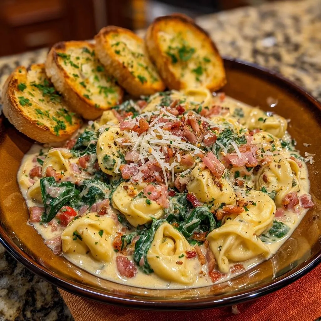 Creamy Bacon Spinach Tortellini with Clingy Sauce - recipe image