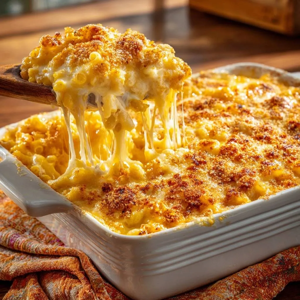 Creamy baked mac and cheese with a crunchy topping being scooped out, showing gooey cheese strings.