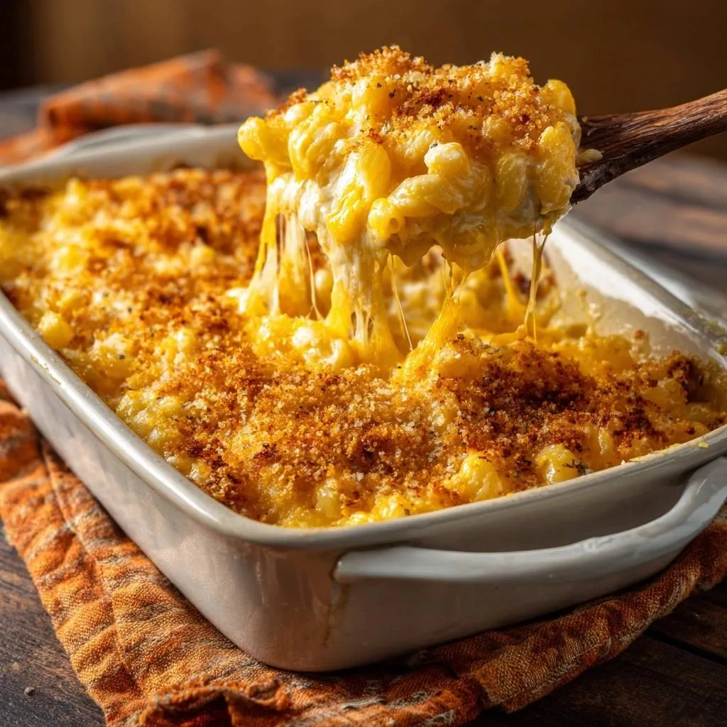 Creamy baked mac and cheese with a scoop showing a generous cheese pull, topped with breadcrumbs.
