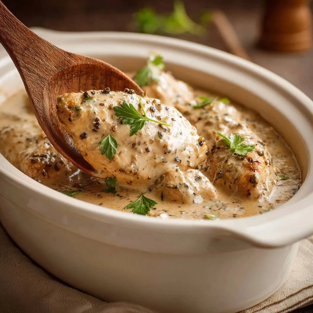 Creamy black pepper chicken being lifted from serving dish with a wooden spoon, showing tender pieces and creamy sauce.