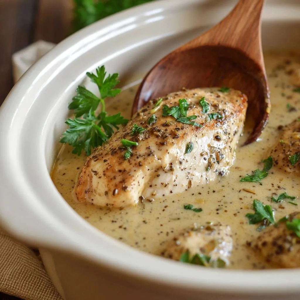 Creamy black pepper chicken being served with a wooden spoon from a ceramic dish, garnished with parsley.