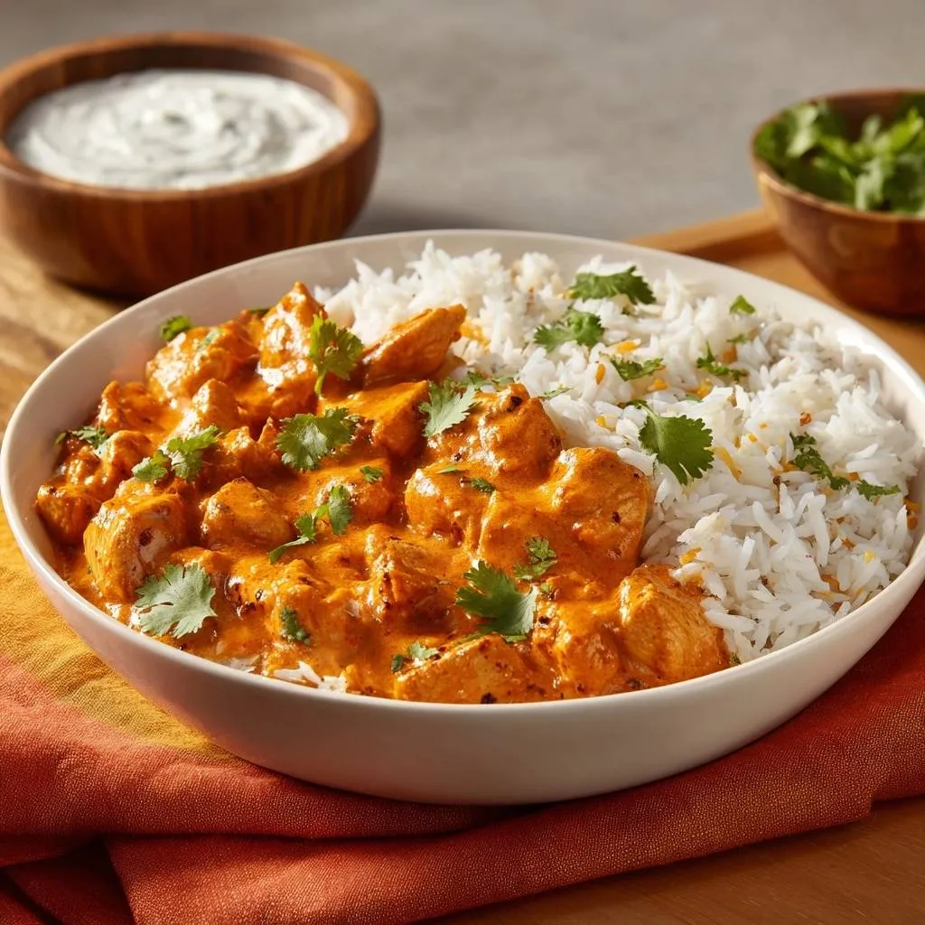 Creamy butter chicken over rice served in a white bowl, garnished with fresh cilantro.