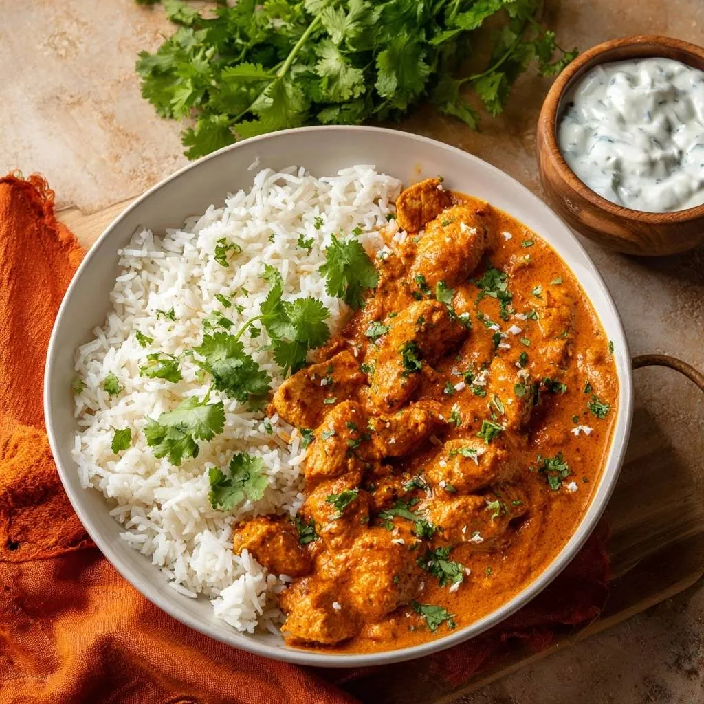 Creamy butter chicken over rice served in a white bowl, garnished with cilantro and a side of raita.