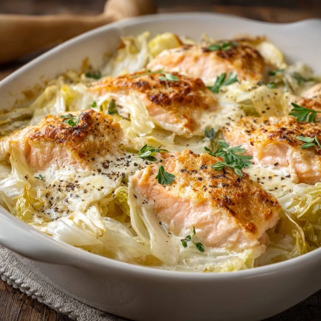 Creamy cabbage baked salmon shown in a close-up view, highlighting the moist salmon and creamy sauce.