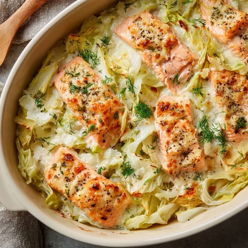 Creamy cabbage baked salmon served in a casserole dish with a close-up overhead view.