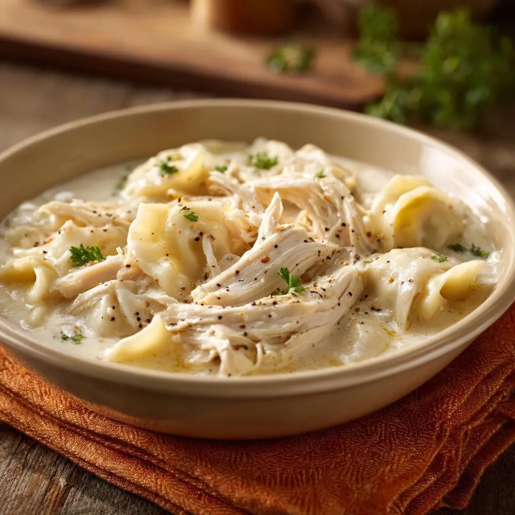 Creamy chicken and dumplings with fluffy no-fail dumplings served in a close-up view of a bowl.