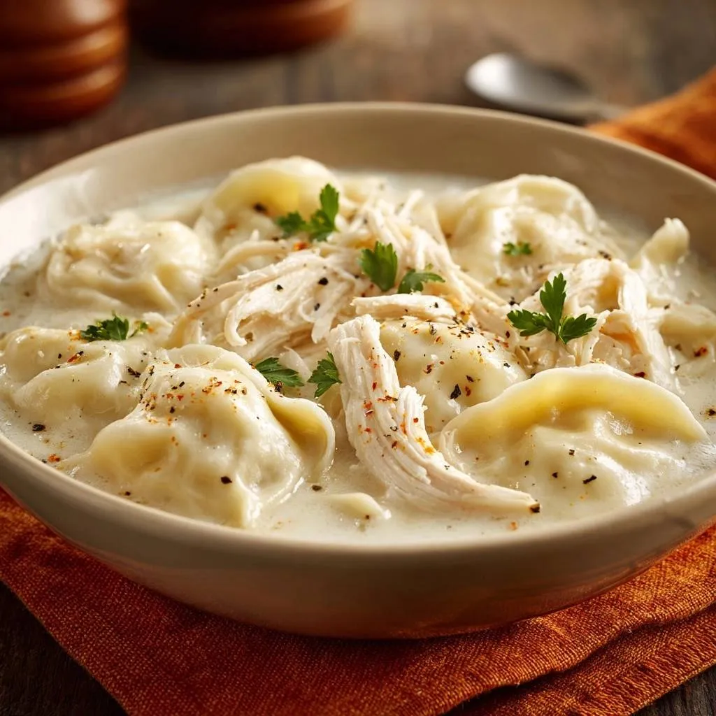 Creamy chicken and dumplings with fluffy no-fail dumplings served in a close-up bowl with fresh parsley garnish.