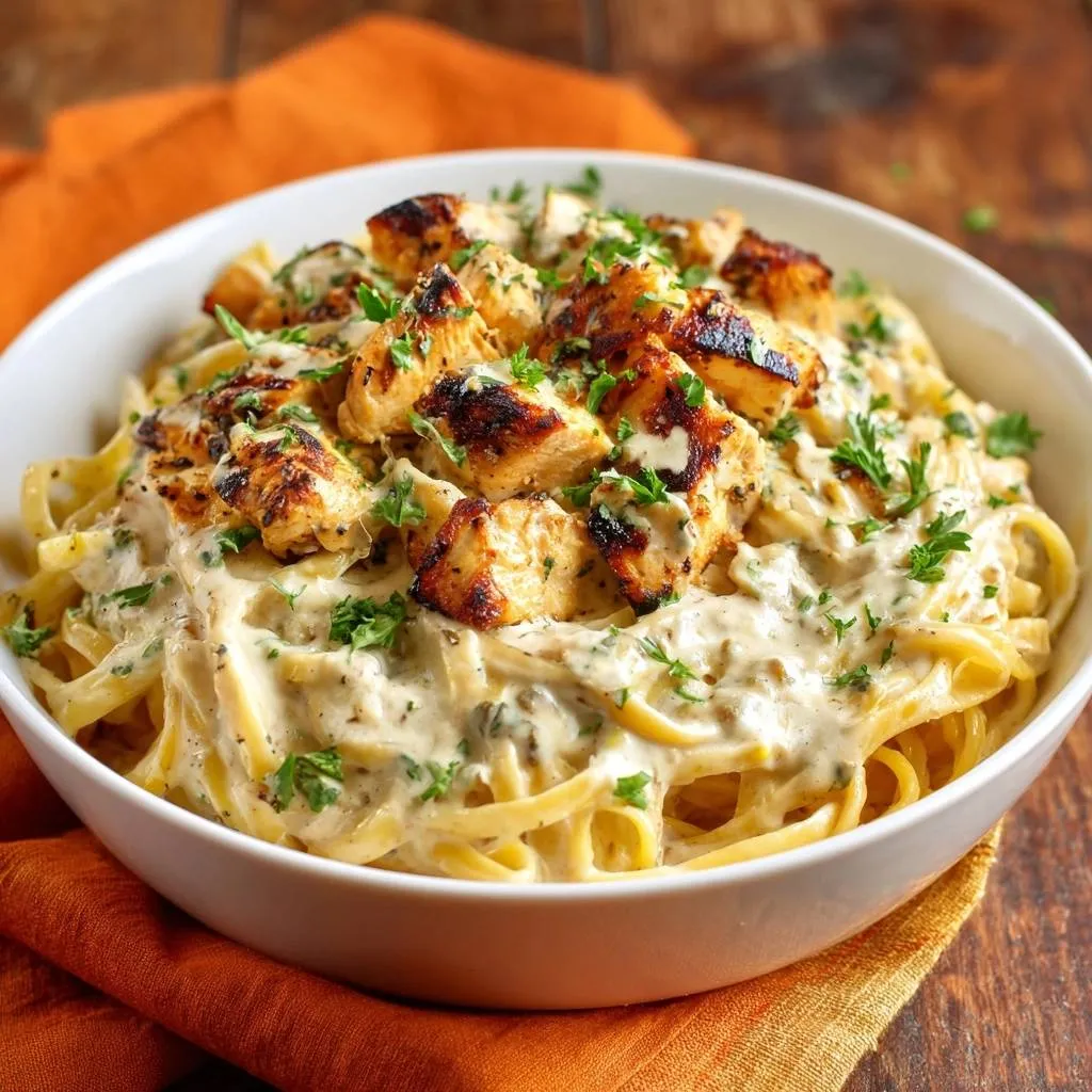 Creamy chicken fettuccine with juicy seared bites, presented in a white bowl with a close-up view of the creamy sauce and seared chicken.