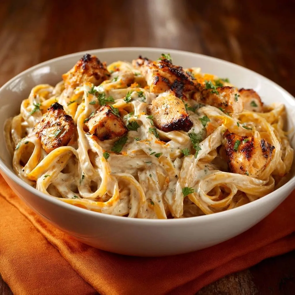 Creamy chicken fettuccine with juicy seared bites shown in a close-up view with fresh parsley garnish.