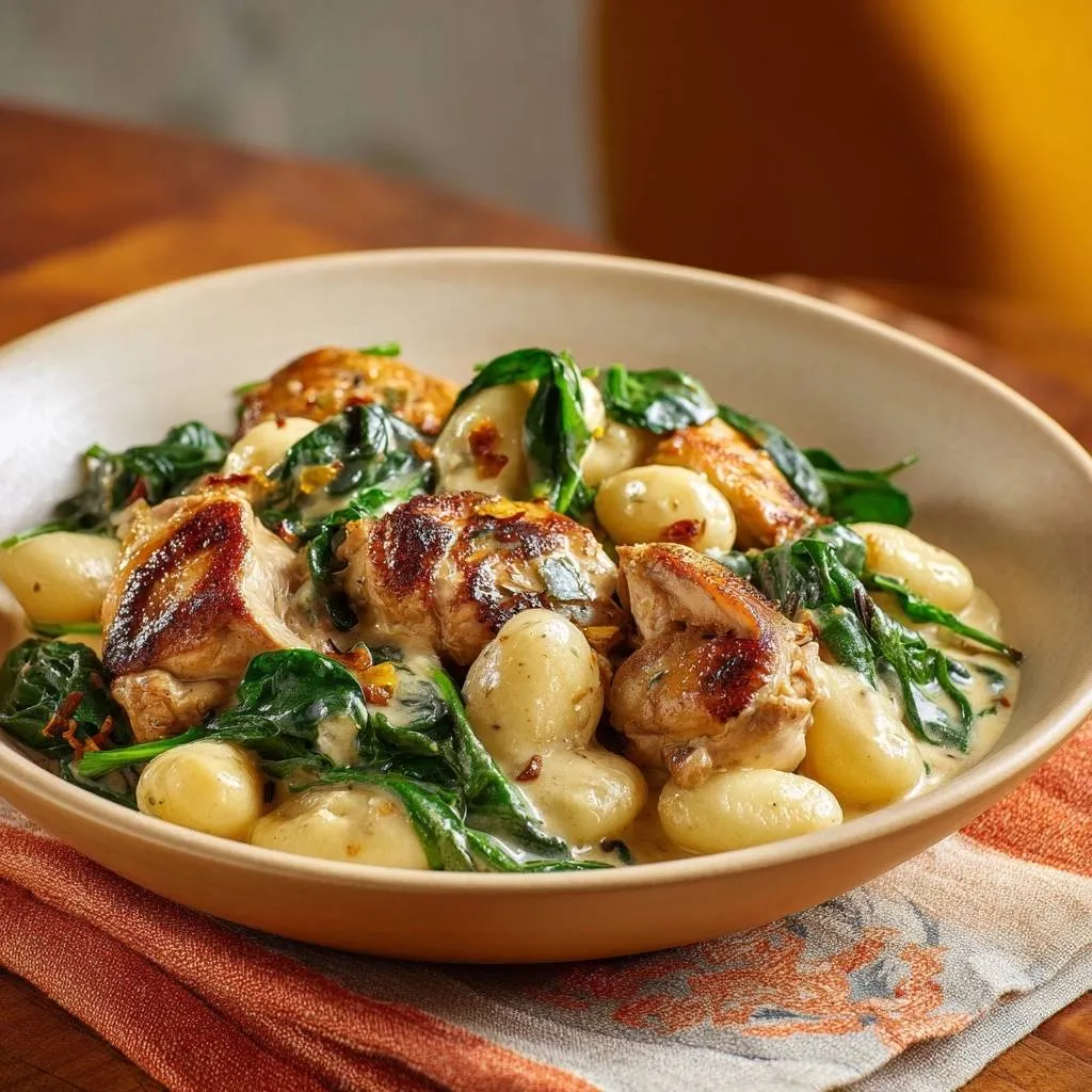 Creamy chicken gnocchi with spinach and bacon served in a close-up bowl view.