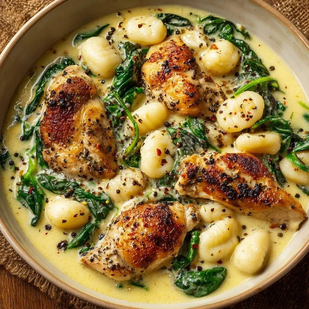 Creamy chicken gnocchi with spinach shown in a close-up view of a bowl, highlighting the textures of the dish.