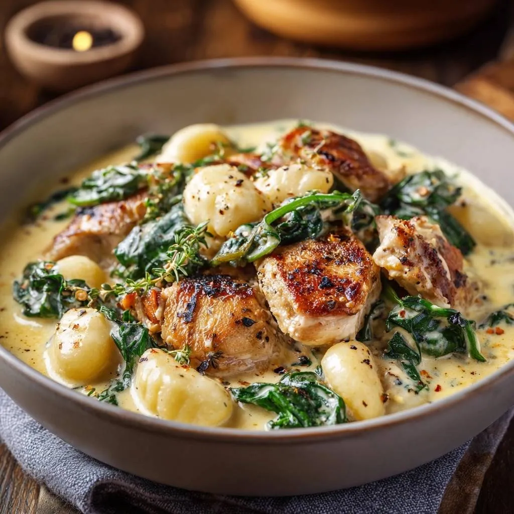 Creamy chicken gnocchi with spinach in a close-up bowl, showcasing tender chicken and pillowy gnocchi.