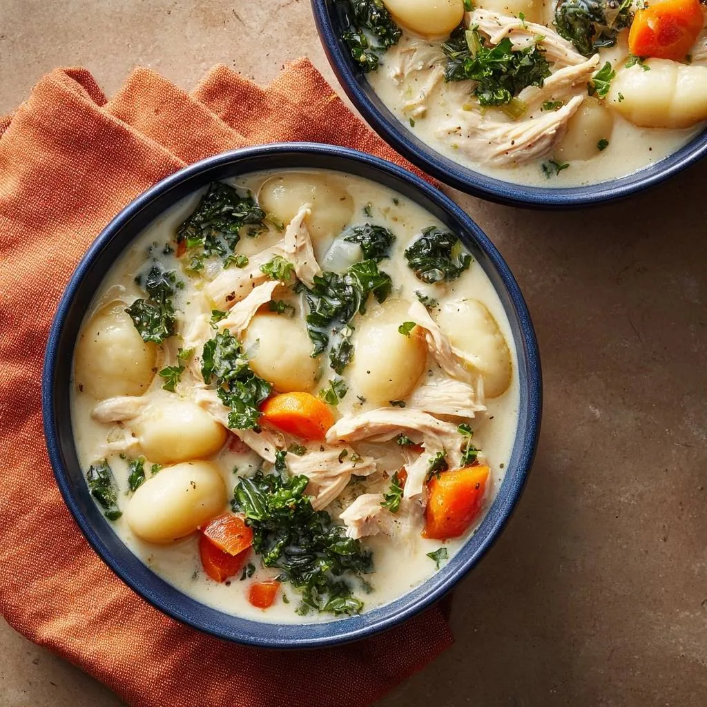 Creamy chicken kale gnocchi soup served in two blue bowls with a cozy napkin detail.
