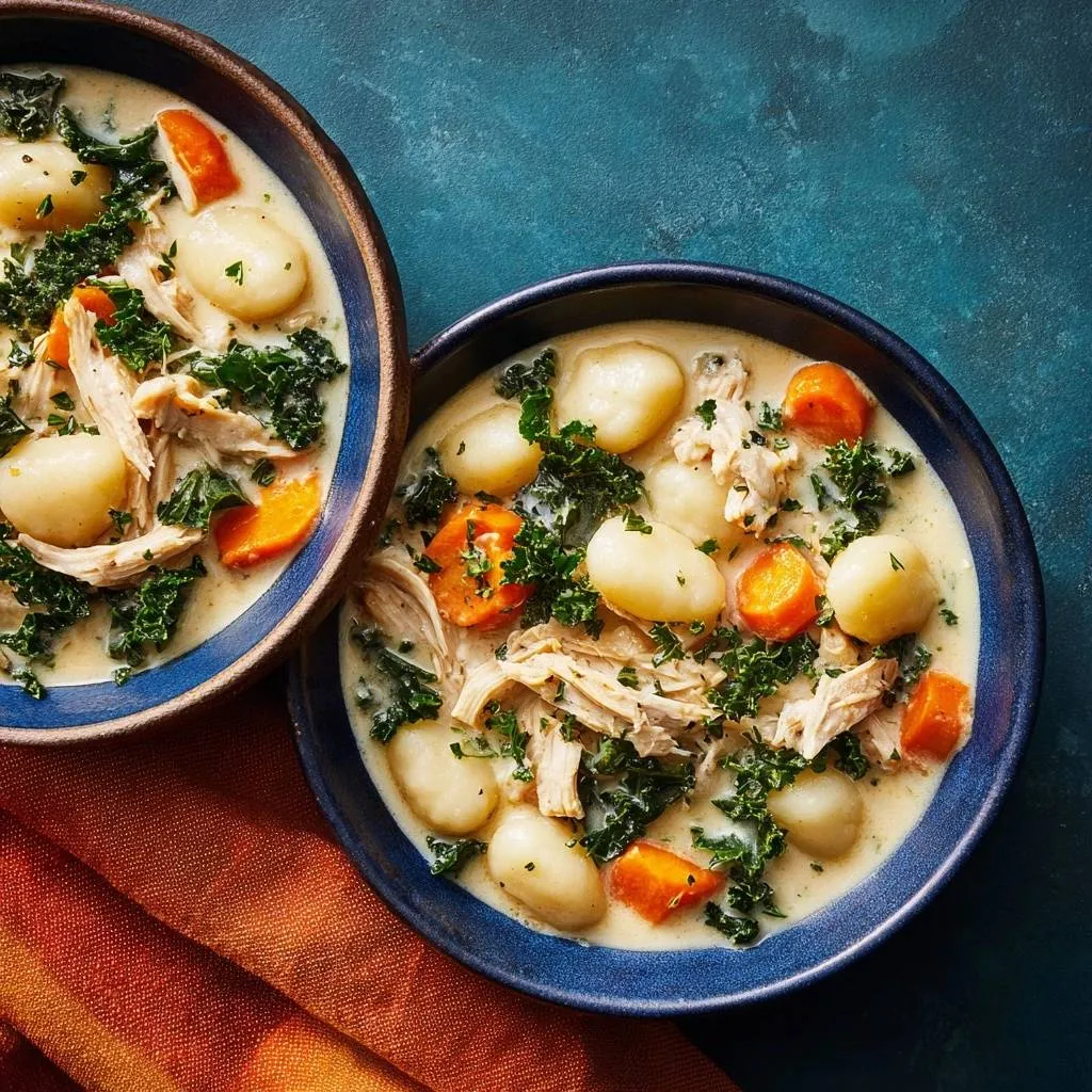 Creamy chicken kale gnocchi soup with pillowy texture shown in two bowls, with a close-up view of the ingredients.