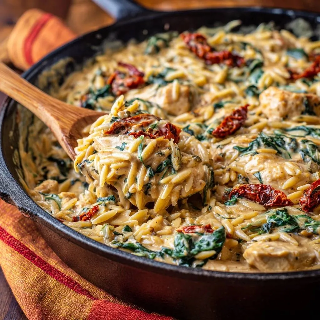 Creamy chicken orzo bake with spinach and sun-dried tomatoes scooped onto a wooden spoon from the skillet.