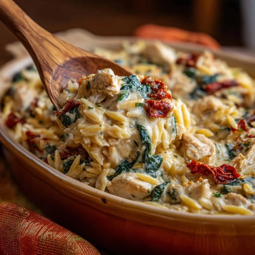 Creamy chicken orzo bake with spinach and sun-dried tomatoes being scooped with a wooden spoon, showing a close-up of the creamy texture.