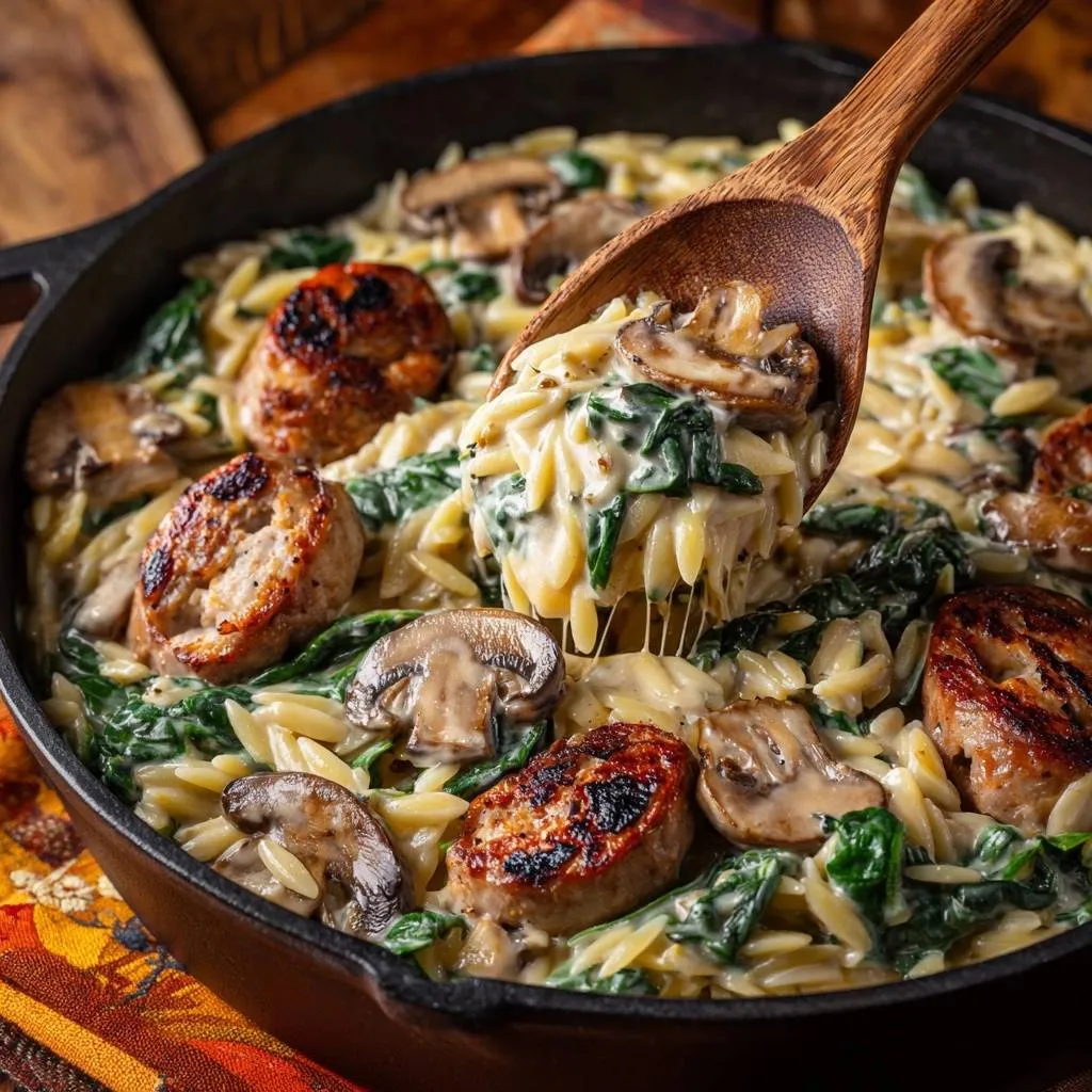 One-Pan Creamy Chicken Orzo with Mushrooms & Spinach, a wooden spoon lifting a creamy portion showing pasta, mushrooms, and spinach.
