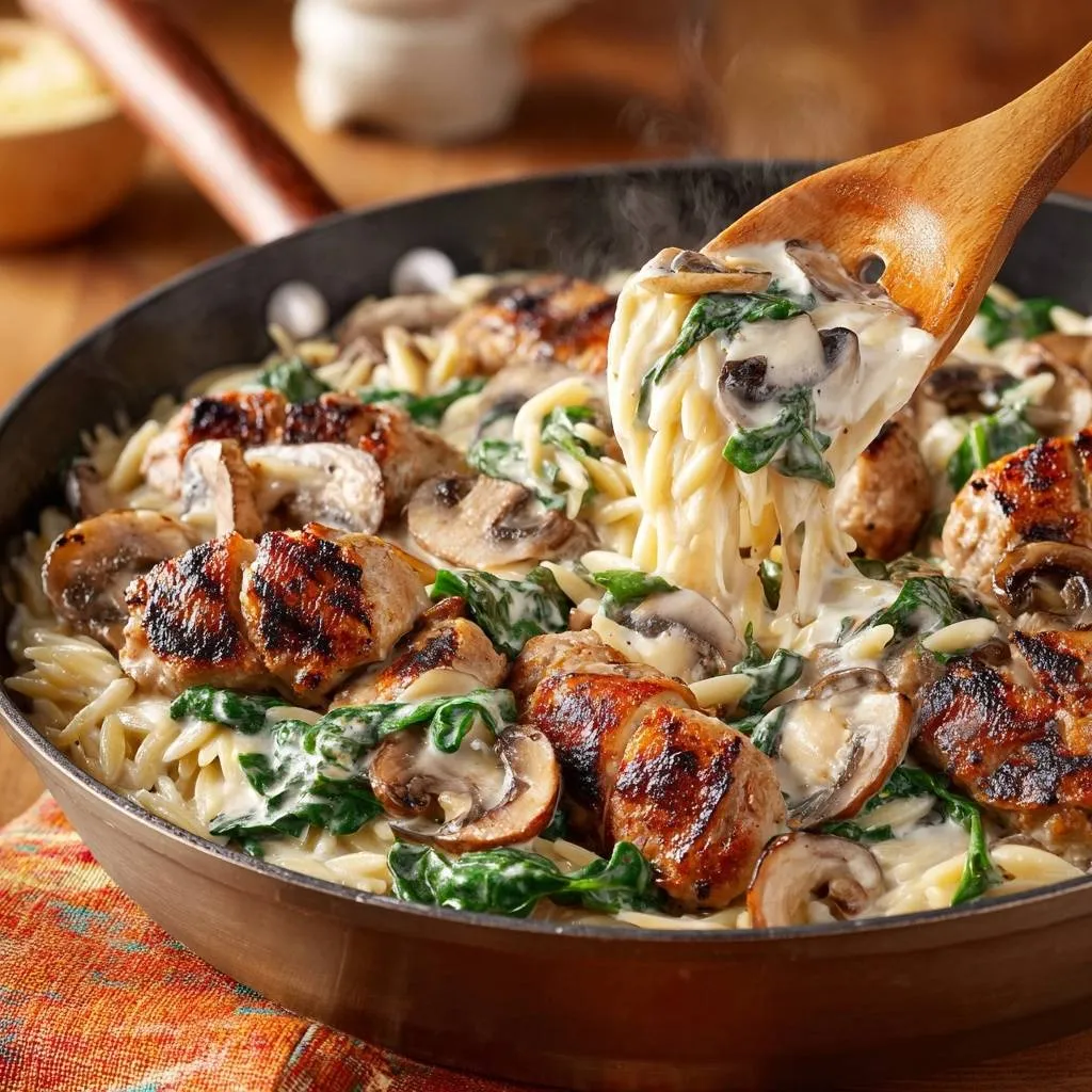One-pan creamy chicken orzo with mushrooms and spinach being scooped with a wooden spoon, showing its creamy texture.