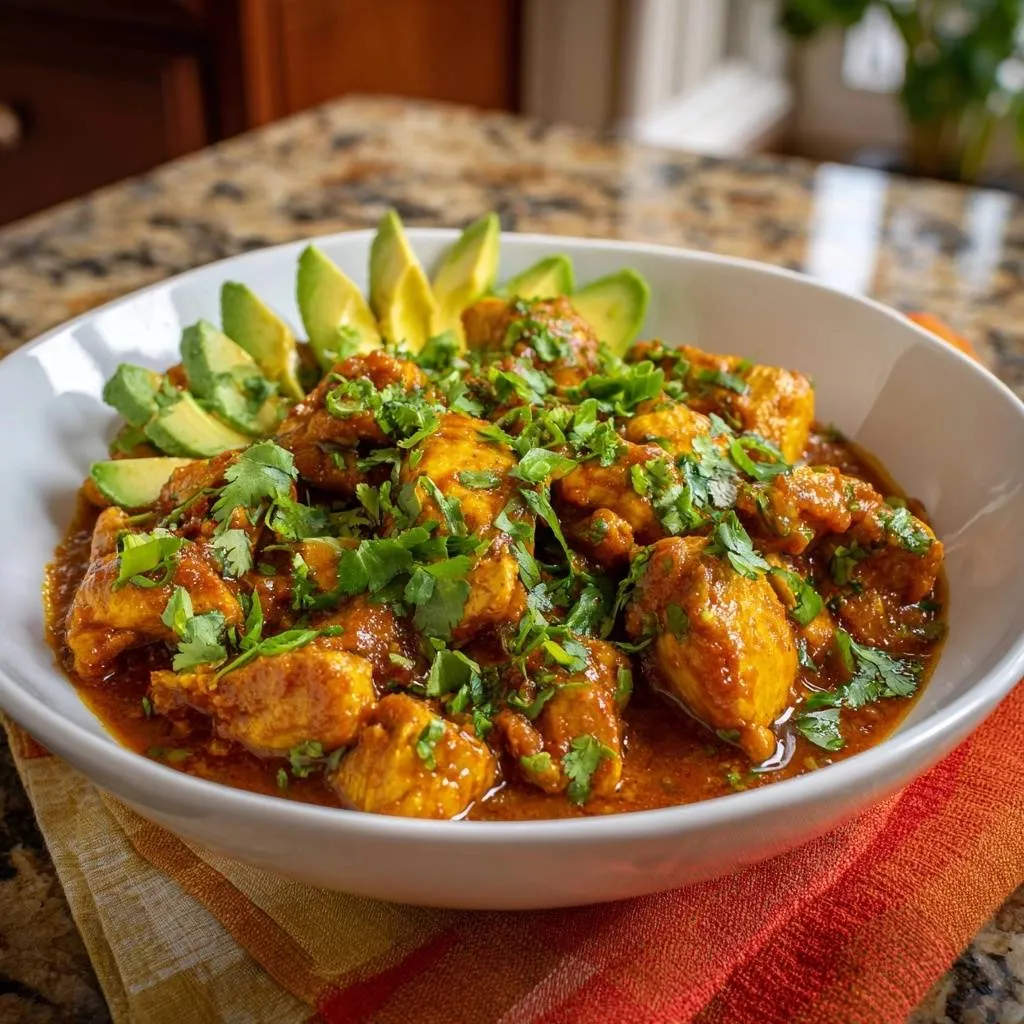 Creamy chicken pepper curry generously garnished with fresh cilantro and served with fanned avocado slices.