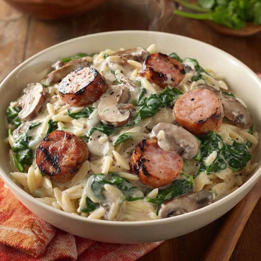 Creamy chicken sausage mushroom spinach orzo served in a bowl, showcasing the creamy sauce and grilled sausage slices.