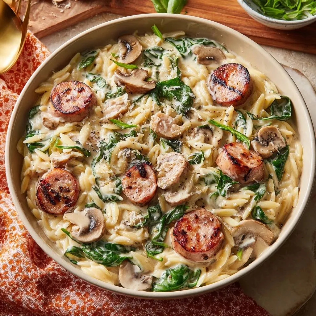 Creamy chicken sausage mushroom spinach orzo served in a bowl, viewed from directly above.