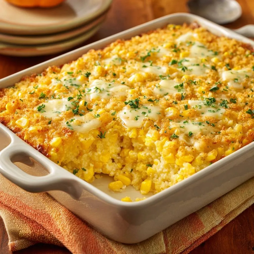 Creamy corn casserole with a guaranteed crispy topping, showing a close-up view of the golden-brown interior.
