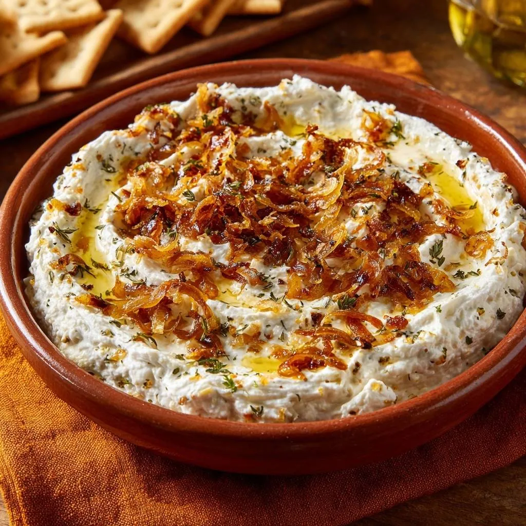 Creamy dill yogurt dip with crispy fried onions and herbs, drizzled with oil in a rustic bowl.