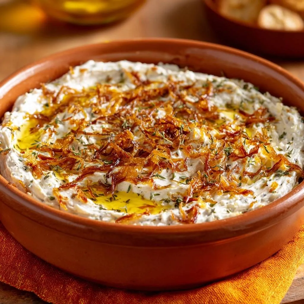 Creamy dill yogurt dip with crispy fried onions as a topping, drizzled with olive oil in a rustic bowl.