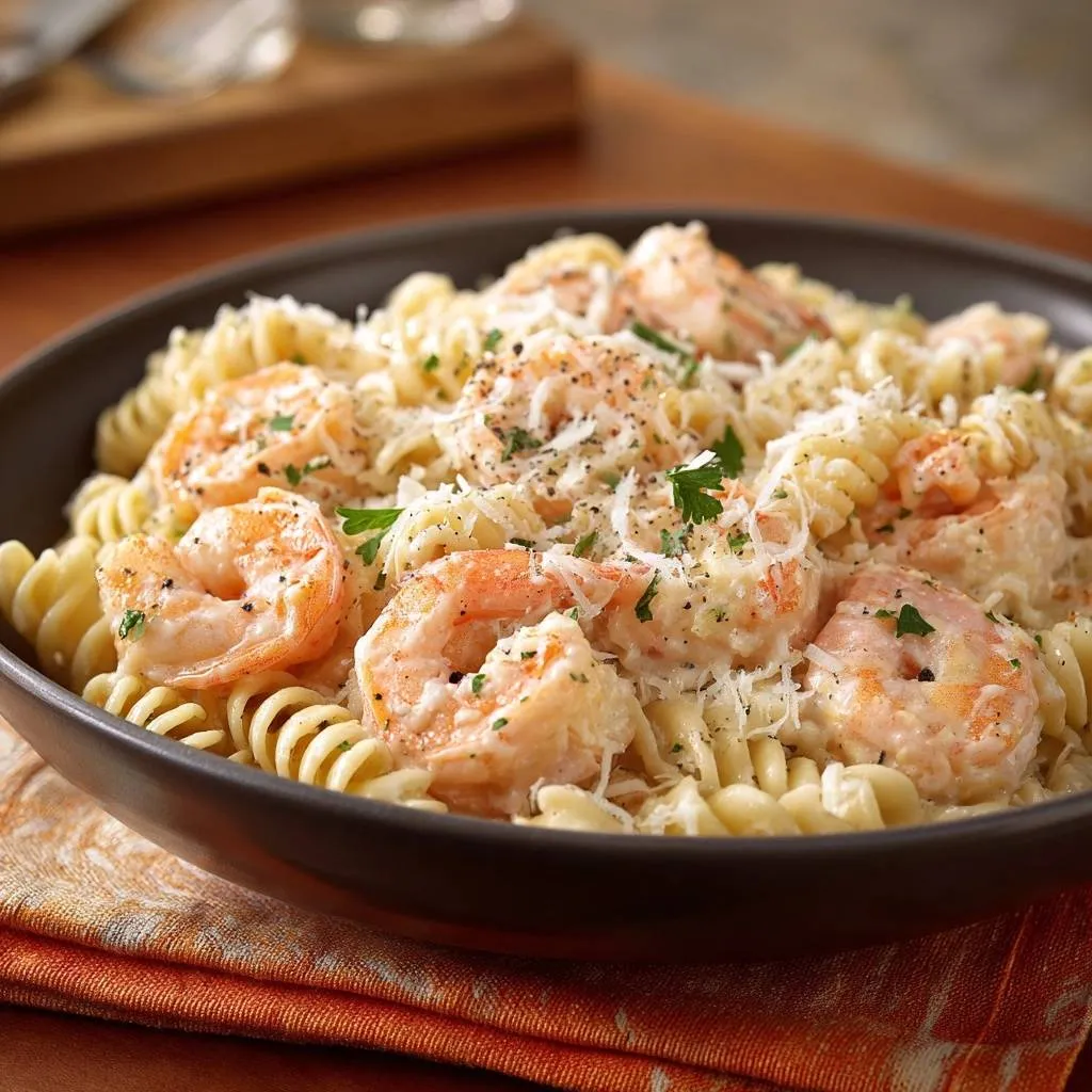 Creamy garlic shrimp fusilli served in a dark bowl, generously topped with grated cheese and fresh parsley.