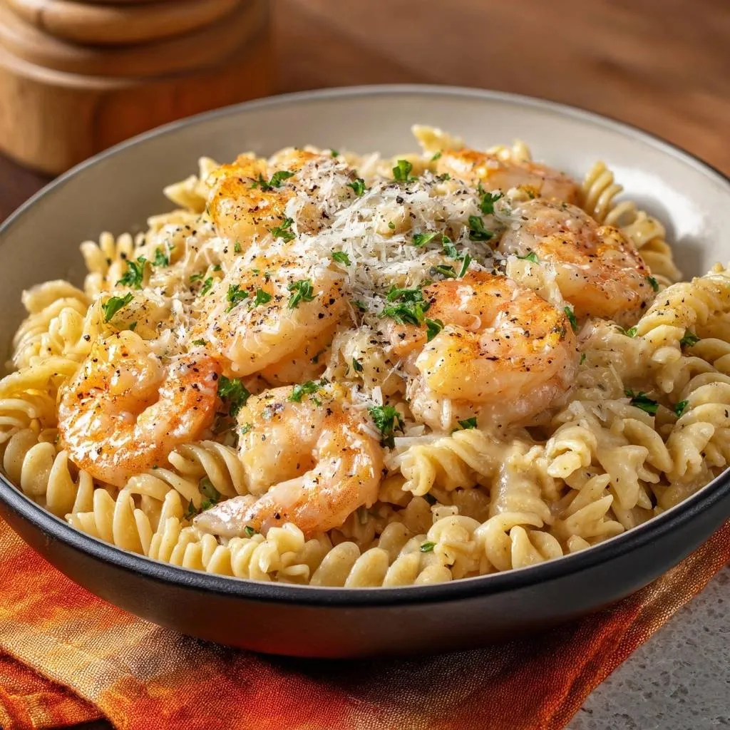 Creamy garlic shrimp fusilli with a close-up view of the topping of shrimp, cheese, and parsley.