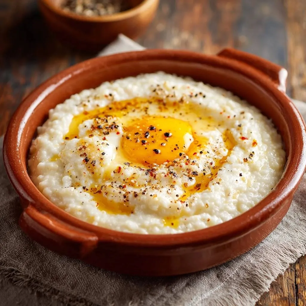 Creamy grits with runny egg in a rustic bowl, seasoned with pepper and oil.