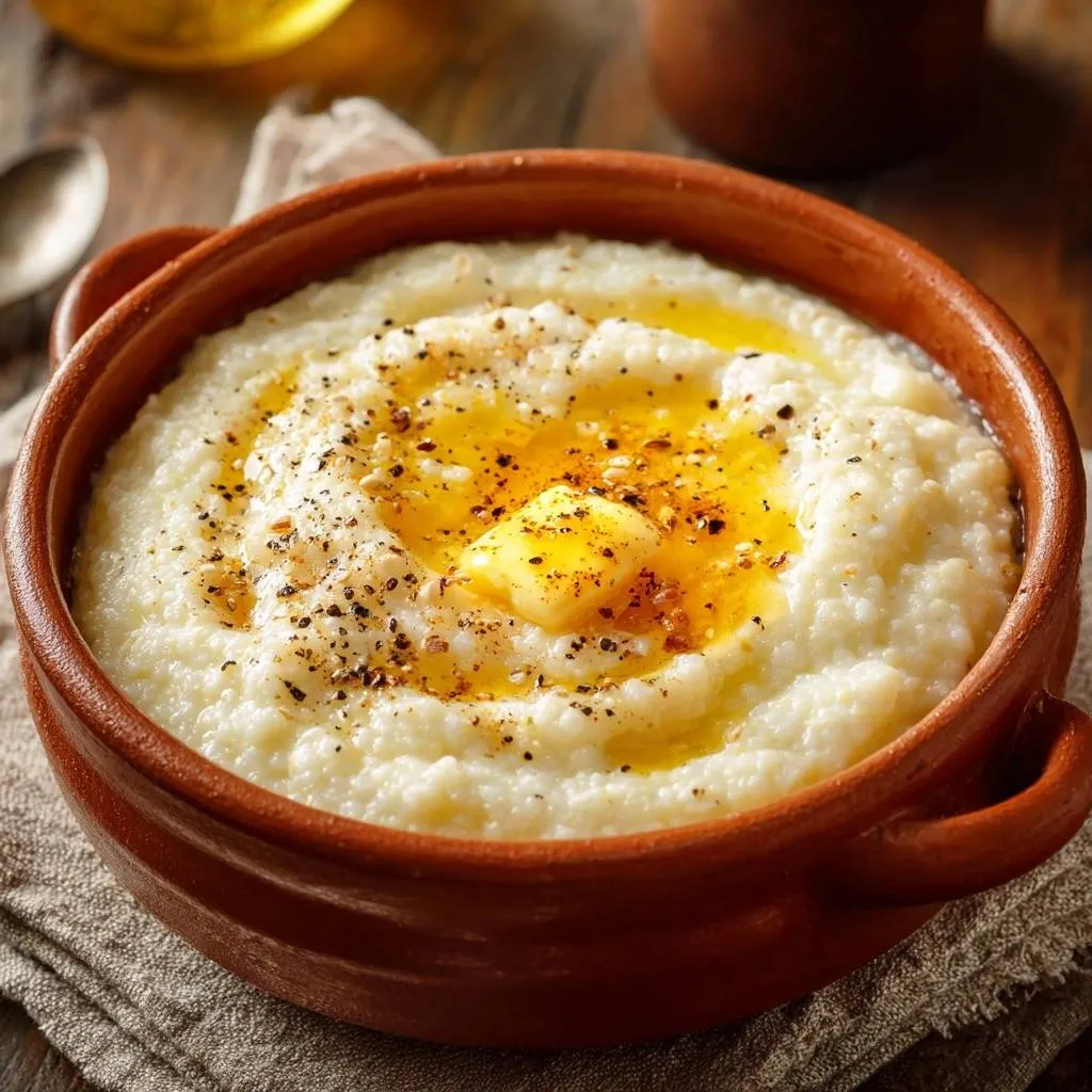 Creamy grits with a runny egg yolk and melted butter, seasoned with cracked black pepper.