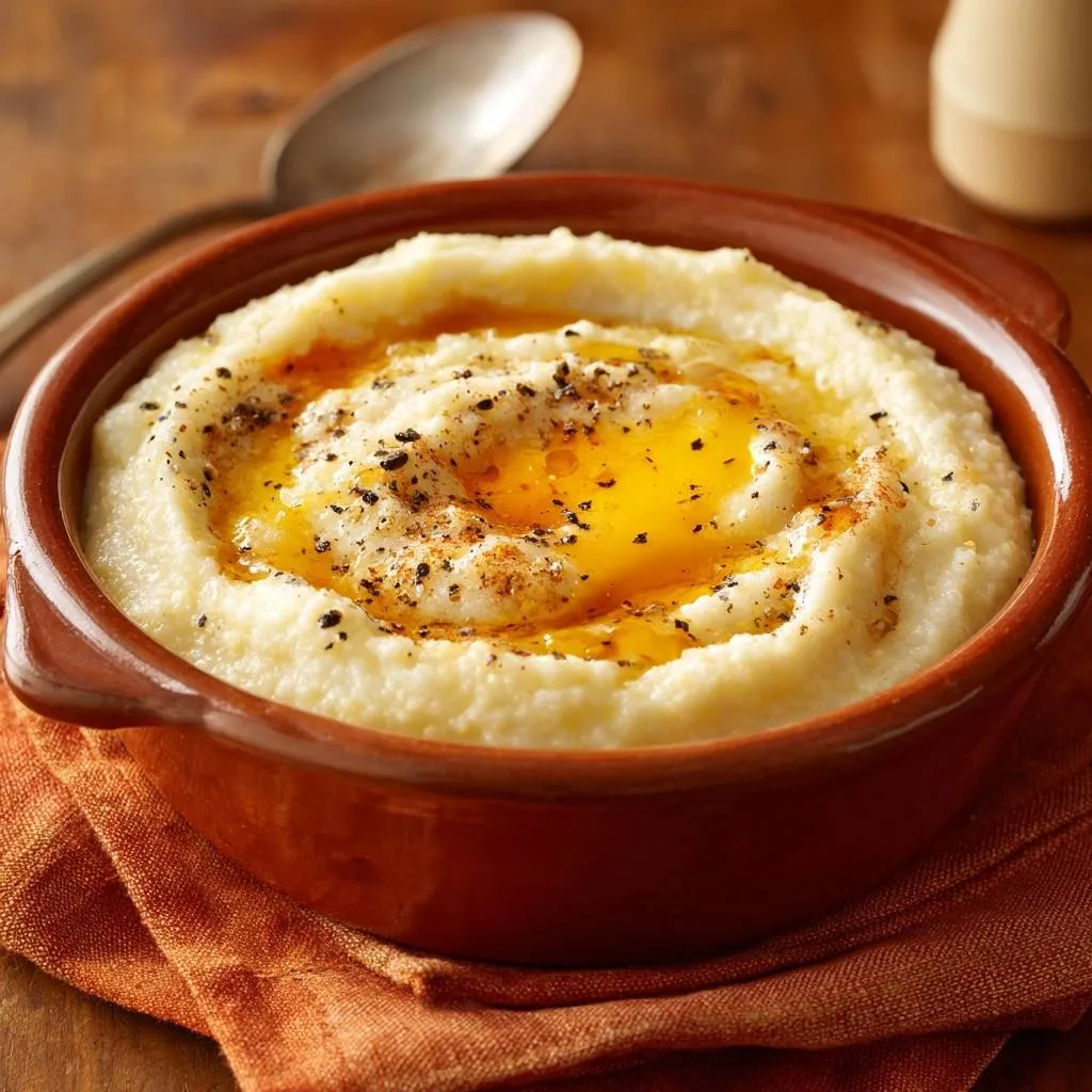 Creamy grits with a sunny-side up egg, drizzled with butter and sprinkled with pepper, in a rustic bowl.
