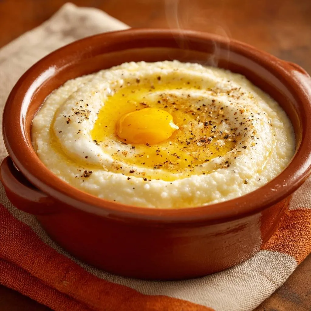 Creamy grits with a sunny-side up egg and cracked pepper, shown in a close-up detail shot.