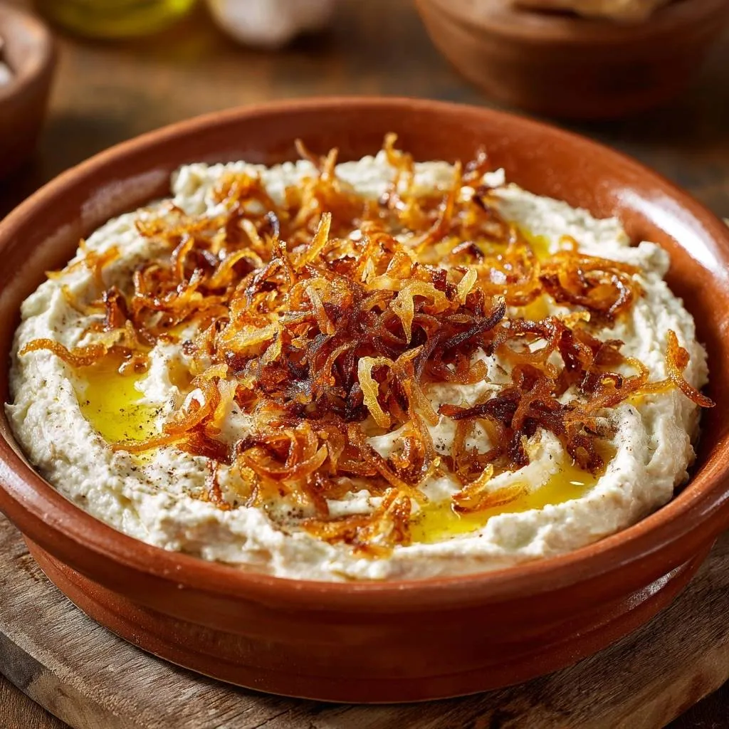 Creamy labneh with crispy onions and a drizzle of olive oil, served in a terracotta bowl.